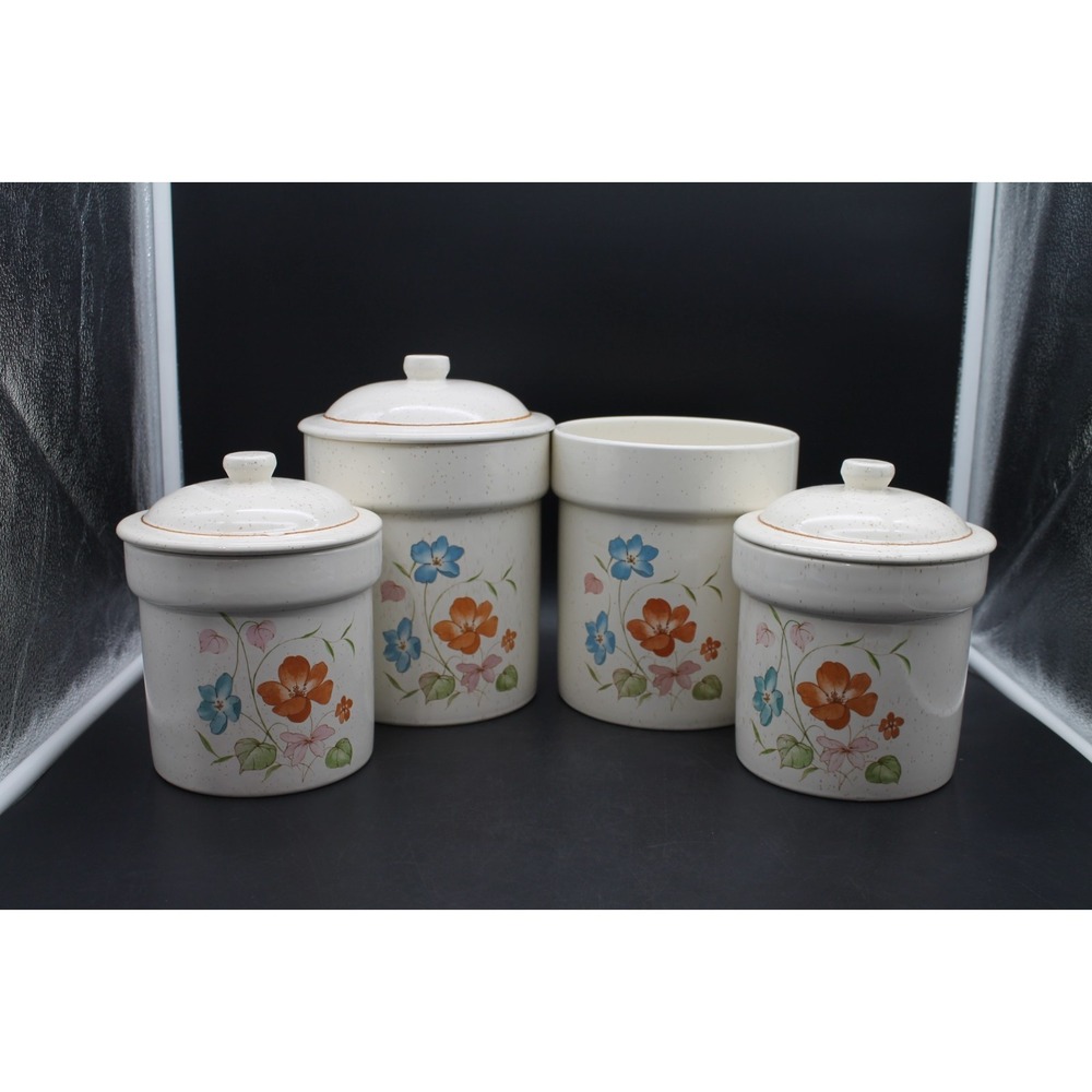VTG 1970s Treasure Craft Ceramic Canister Set of 4 Floral Poppy Cottage 3 Lids